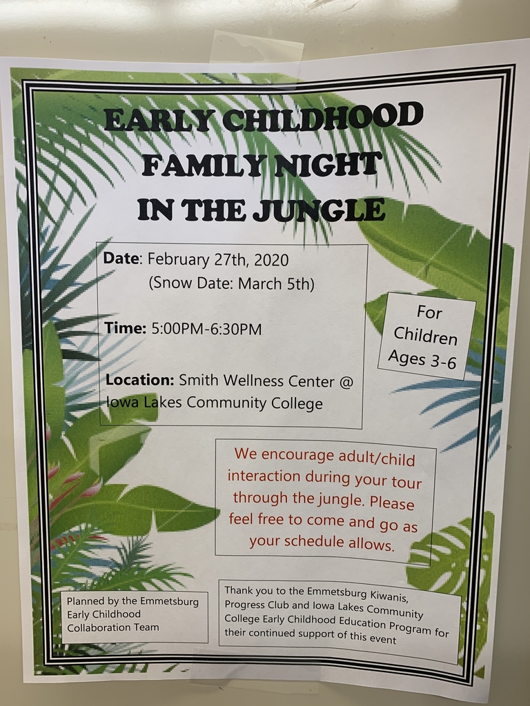Early Childhood Family Night, Thursday, February 27th. 5-6:30 Wellness Center Gym